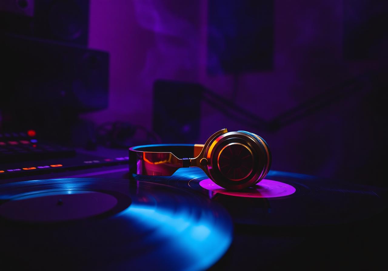 Headphones on vinyl in neon lit studio