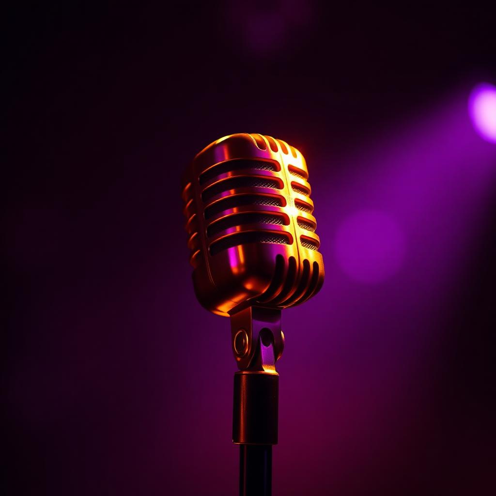 Glowing gold microphone in purple stage light